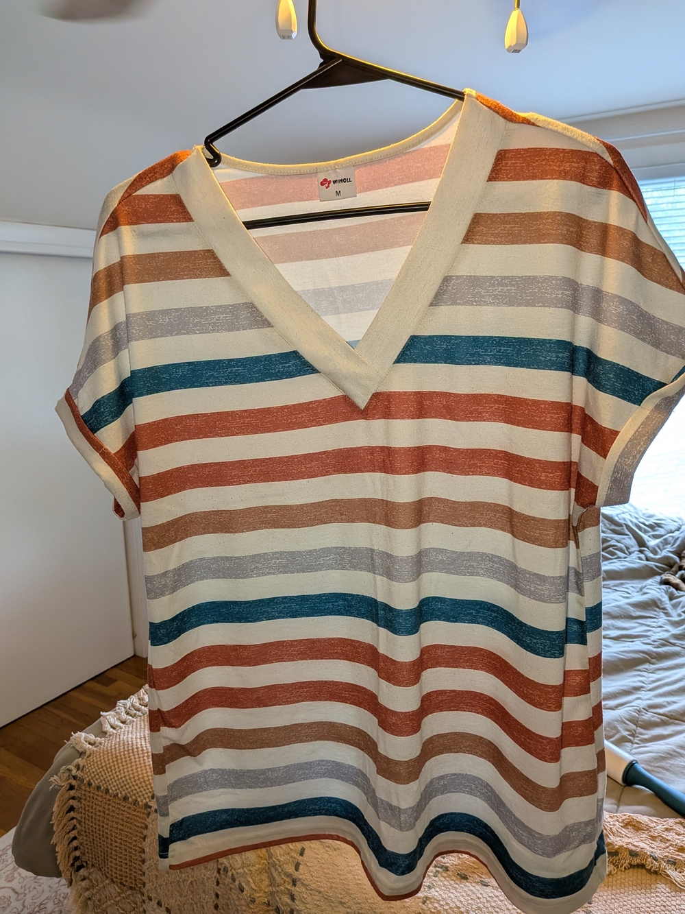 V-Neck Short Sleeve Tee in Cream with Multi Stripes